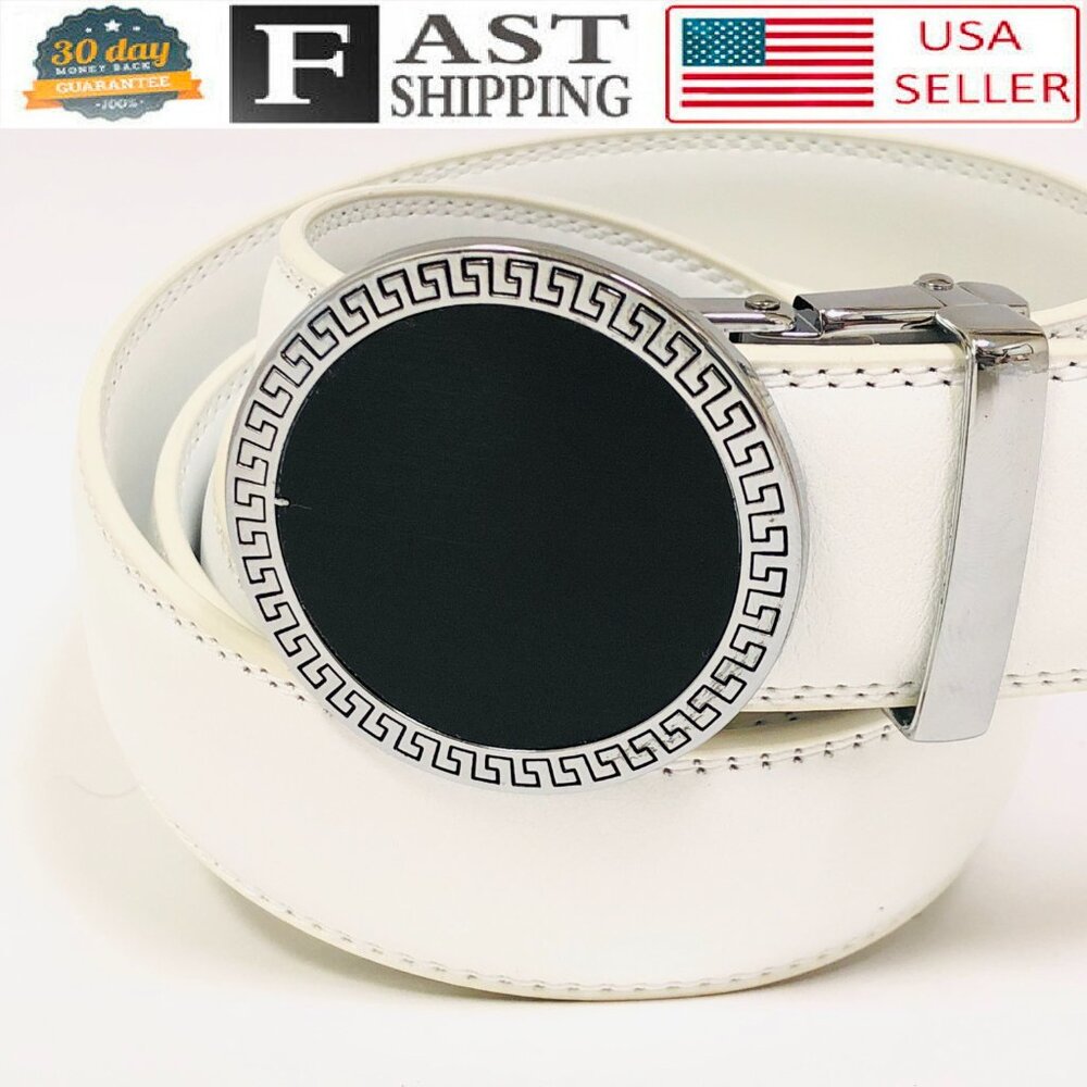 Fashion Leather Silver Round Buckle White Belt Automatic Jeans Dress Meander New